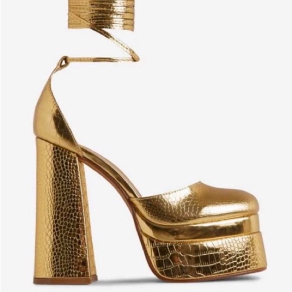 EGO gold platform heels tie up strap